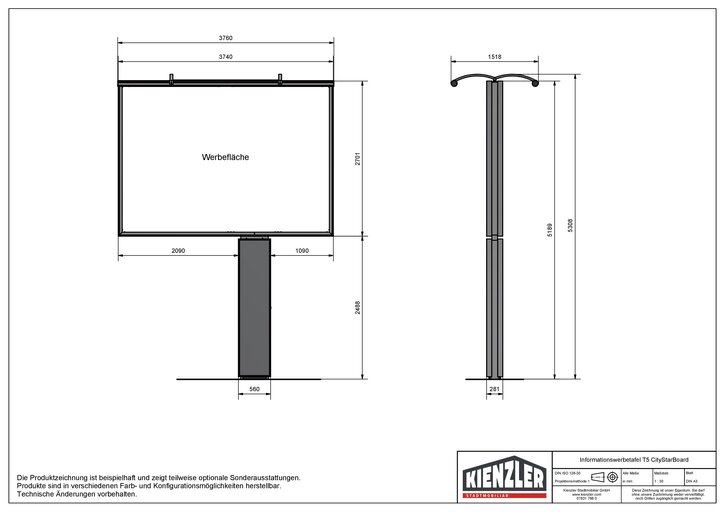 Technische Zeichnung der Informationswerbetafel T5 CityStarBoard